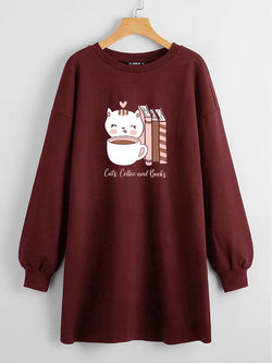 LONG LENGTH SWEATSHIRT Cats Coffee Books