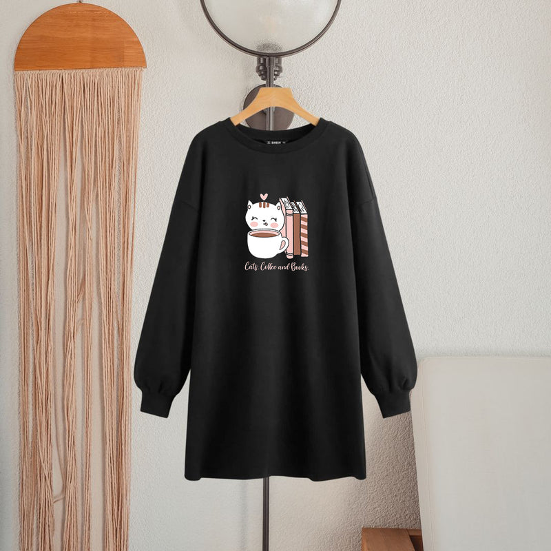 LONG LENGTH SWEATSHIRT Cats Coffee Books