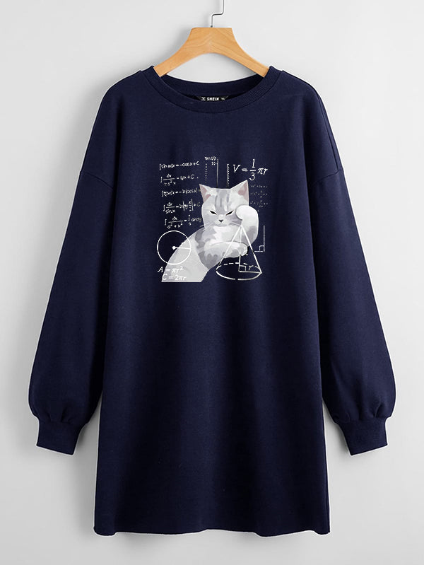 LONG LENGTH SWEATSHIRT NAVY BLUE CAT MATH