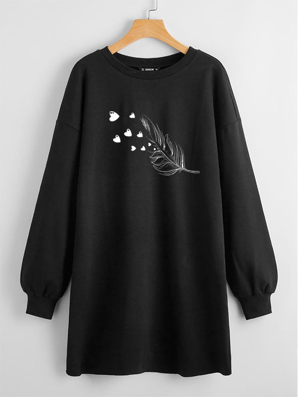 LONG LENGTH SWEATSHIRT BLACK FEATHER LEAVES