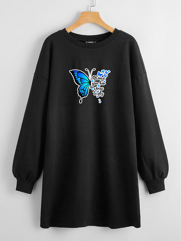 LONG LENGTH SWEATSHIRT BLACK ALWAYS BUTTERFLY