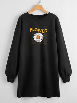 LONG LENGTH SWEATSHIRT BLACK FLOWERS AND FLOWERS