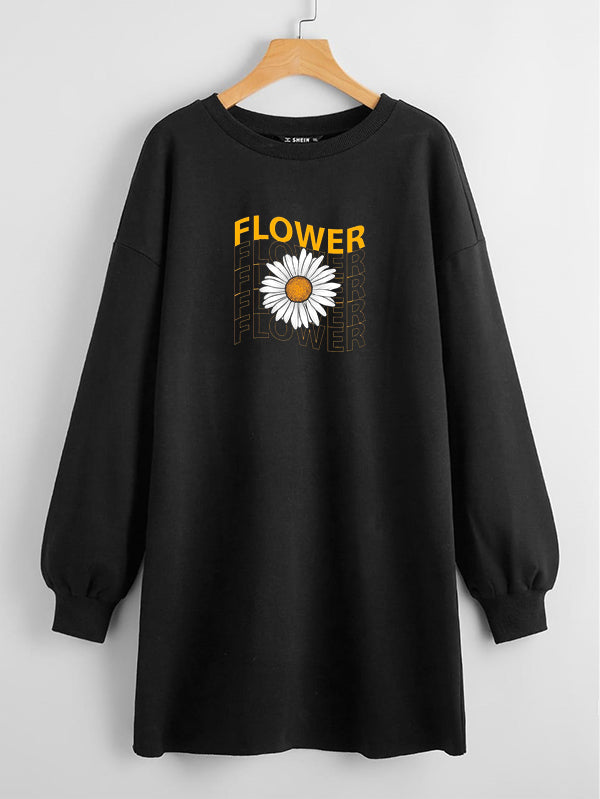 LONG LENGTH SWEATSHIRT BLACK FLOWERS AND FLOWERS