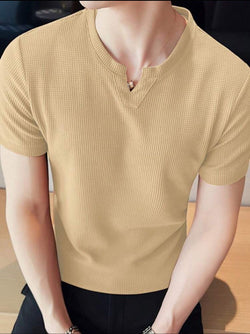 Waffle Knit Vneck Tshirt Beige