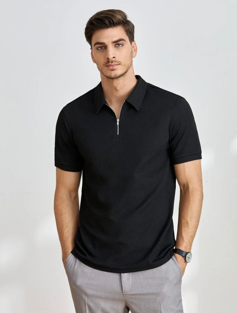 Black zip up polo shirt hotsell