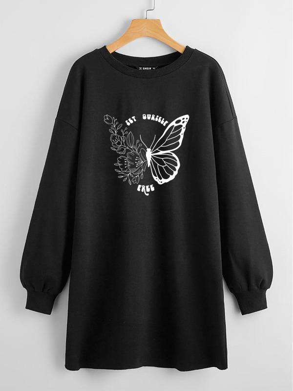 LONG LENGTH SWEATSHIRT BLACK SET OURSELF FREE BUTTERFLY