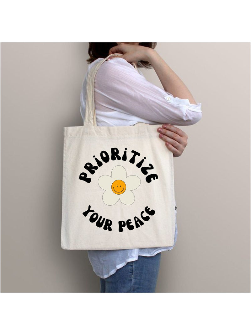 PRIORITIZE PEACE TOTE BAG BEIGE