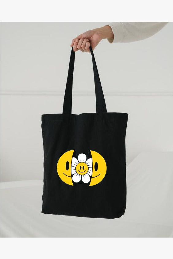 SMILEY SUNFLOWER TOTE BAG BLACK