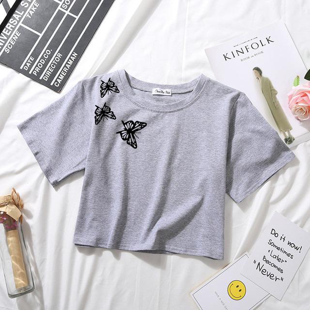 SHOULDER BUTTERFLY GREY CROPTOP